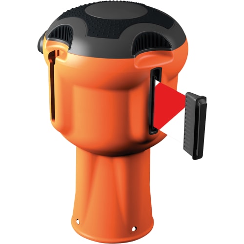 Leitkegelaufsatz und Gurtabsperrung Skipper in orange mit schwarzem Deckel und rotem Absperrband