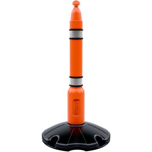 Oranger Absperrpfosten Skipper mit schwarzem Standfuß und reflektierenden Streifen