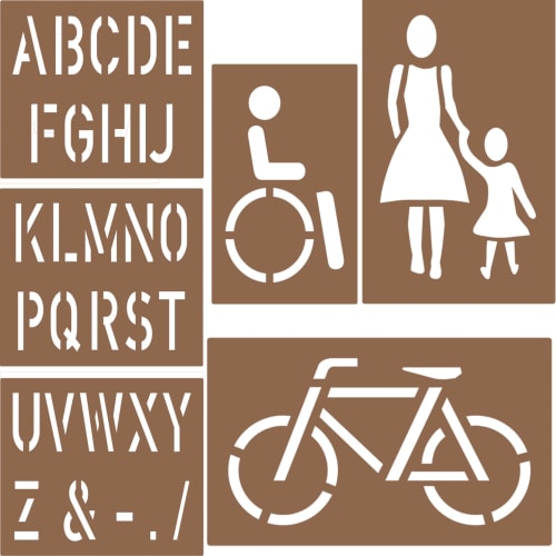 Schablonensatz 3 mit 6 Teilen bestehend aus Buchstaben A bis Z, Sonderzeichen und Symbolen für Rollstuhl, Frau mit Kind und Fahrrad