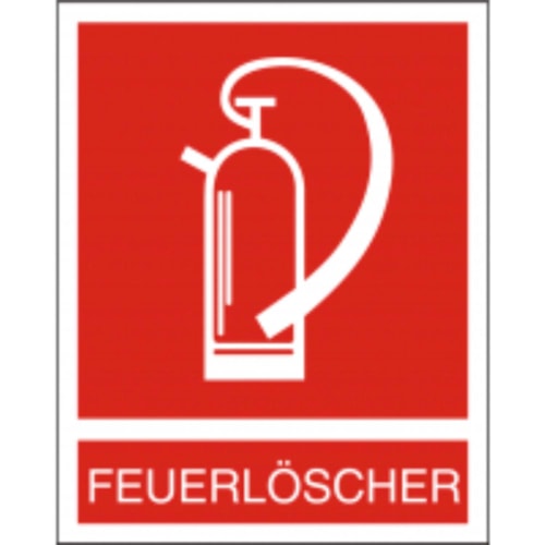 Feuerlöscher Symbol auf rotem Hintergrund mit Schriftzug FEUERLÖSCHER