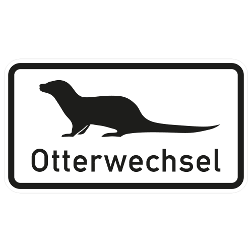 Verkehrsschild Otterwechsel mit schwarzem Otter-Piktogramm und Text