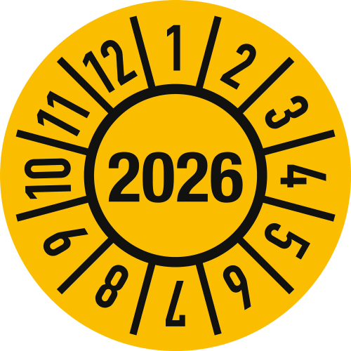 Gelbe Prüfplakette mit Jahresangabe 2026 und Monatszahlen von 1 bis 12