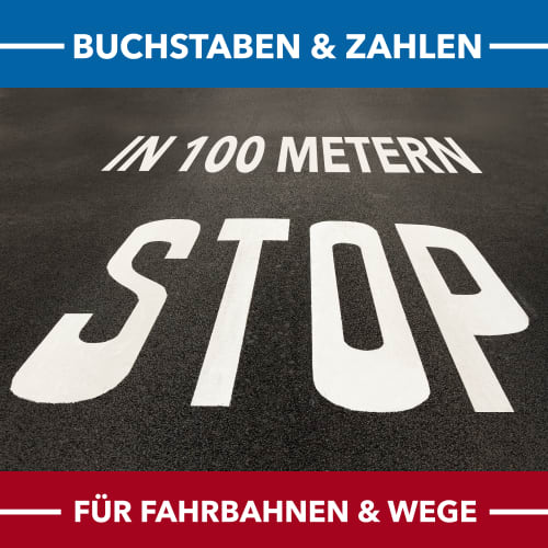 Thermoplastische Fahrbahnmarkierung PROline thermo mit weißen Buchstaben und Zahlen auf Asphalt, STOP und IN 100 METERN