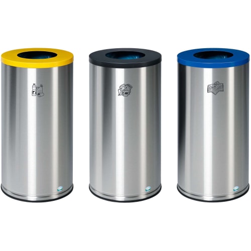 Wertstoff-Sammler WSG 70 mit drei Edelstahl Abfallbehältern in Gelb, Schwarz und Blau für Recycling