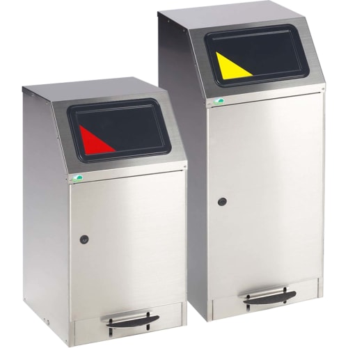Wertstoff-Sammler WSG 45 und 75 aus Edelstahl mit selbstlöschenden Einwurfklappen in rot und gelb