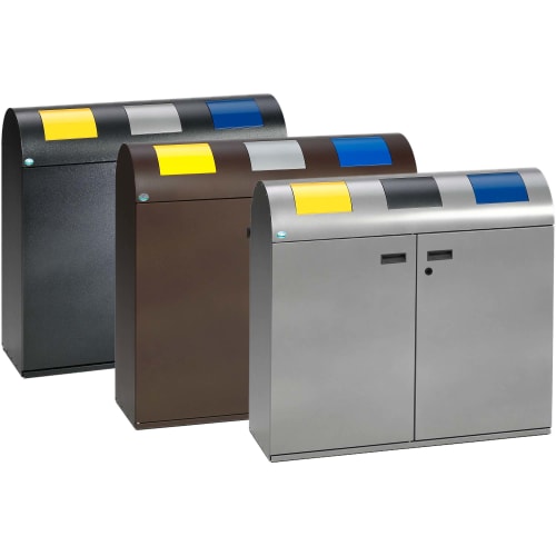 Wertstoff-Sammelstation WS 100R in verschiedenen Farben mit gelben, grauen und blauen Einwurfklappen zur Mülltrennung