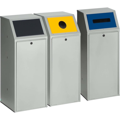 Wertstoff-Sammler 69 KTS Recyclingbehälter mit drei Fächern in grau, gelb und blau für Mülltrennung