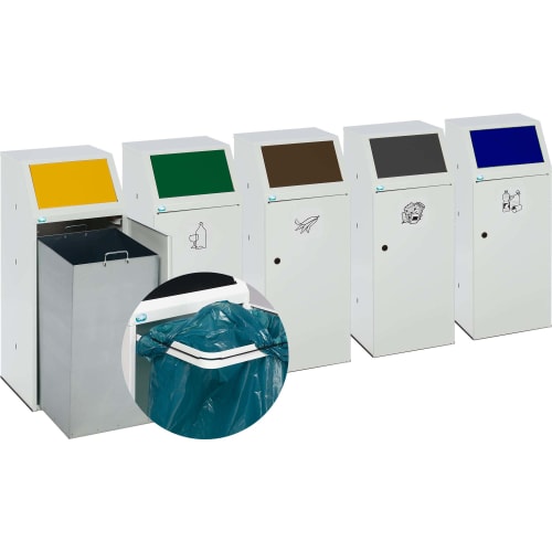 Wertstoff-Sammler mit Fronttür in verschiedenen Farben zur Mülltrennung mit Symbolen für Glas, Papier, Biomüll, Restmüll und Plastik