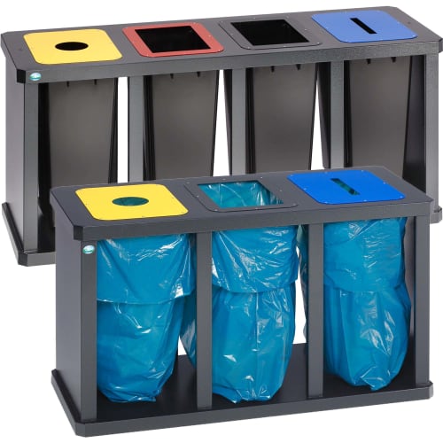 Wertstoff-Sammelstation TETRIS mit farblich markierten Öffnungen für Mülltrennung und blauen Müllsäcken