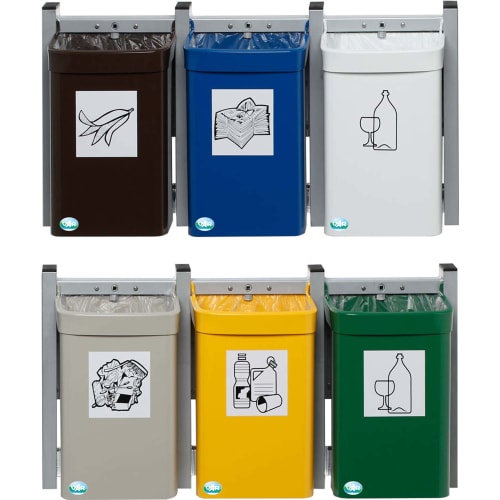 Wertstoff-Sammelstation CITY G3 mit sechs farbigen Müllbehältern zur Abfalltrennung, braun für Bioabfall, blau für Papier, weiß für Glas, grau für Restmüll, gelb für Kunststoff und grün für Glas