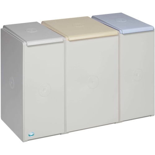Wertstoff-Container SORTING mit drei Fächern und farblich unterschiedlichen Deckeln in Grau, Beige und Hellblau