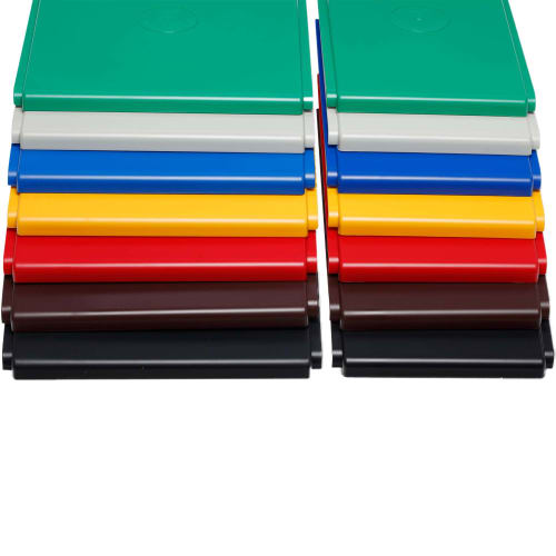 Mehrere bunte Deckel für Wertstoff-Container SORTING in verschiedenen Farben wie grün, weiß, blau, gelb, rot, braun und schwarz