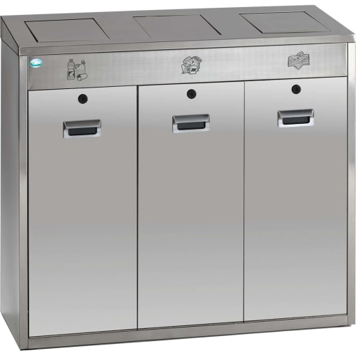 Wertstoff-Recyclestation aus Edelstahl mit drei Verschlussklappen für getrennte Wertstoffsammlung