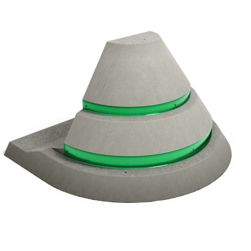 Betonsperre Absperrpoller Typ IVb aus grauem Beton mit grünen reflektierenden Streifen