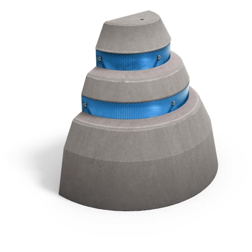 Betonsperre Absperrpoller Typ VII aus grauem Beton mit blauen reflektierenden Streifen