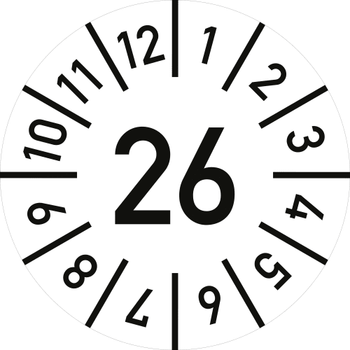 Prüfplakette zur Werkzeugkennzeichnung mit der Zahl 26 und Monatsangaben von 1 bis 12