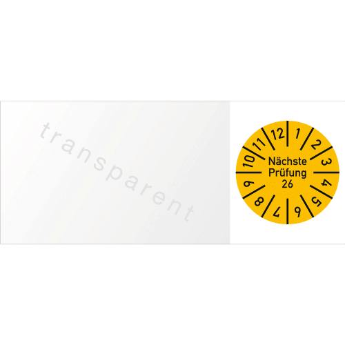 Kabelprüfplakette mit gelbem Prüfplakettenkreis und Aufschrift Nächste Prüfung 26