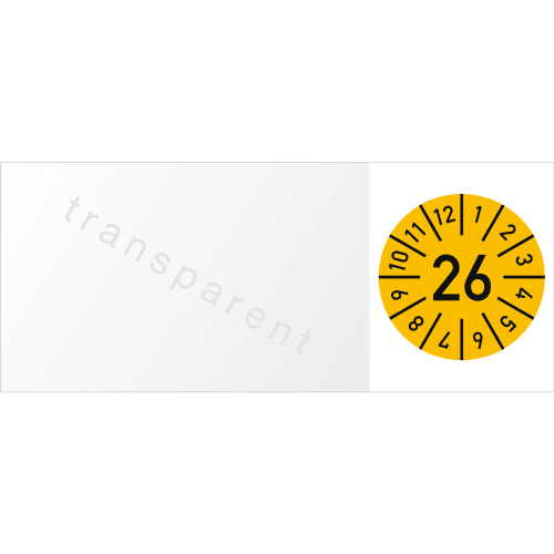 Kabelprüfplaketten mit Jahr 26 und Monatsanzeige von 1 bis 12 in gelber Farbe