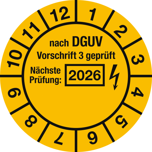 Prüfplakette nach DGUV Vorschrift 3 geprüft mit nächster Prüfung 2026