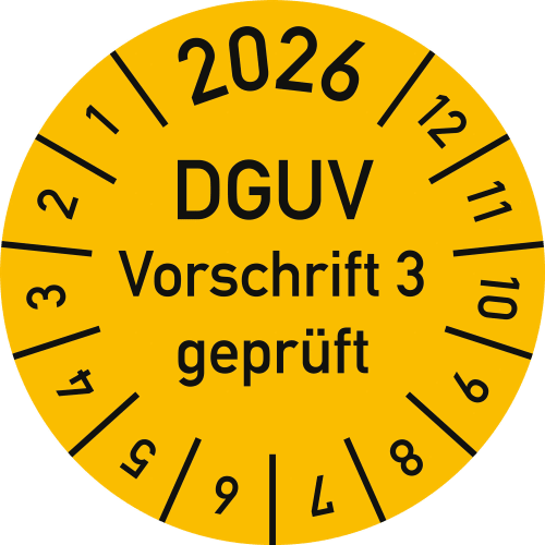 Gelbe Prüfplakette DGUV Vorschrift 3 geprüft mit Jahresangabe 2026 und Monatsangaben von 1 bis 12
