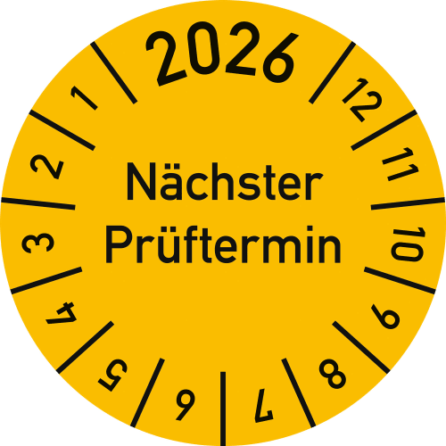 Gelbe Prüfplakette mit dem Text Nächster Prüftermin und dem Jahr 2026