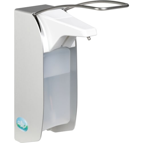 Handdesinfektionsspender HDS 33 aus Edelstahl mit weißem Spenderkopf und transparentem Behälter