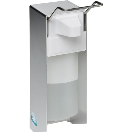 Handdesinfektionsspender HDS 30 aus Metall mit weißem Spenderkopf und durchsichtiger Flüssigkeitskammer