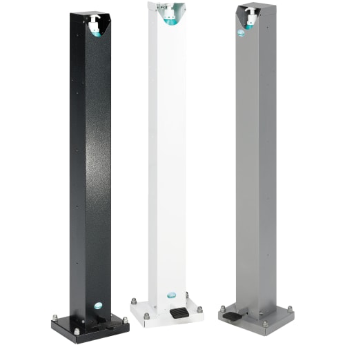 Drei Hygienesäulen HDS 120 mit Fußpedal in schwarz, weiß und grau mit integriertem Desinfektionsmittelspender