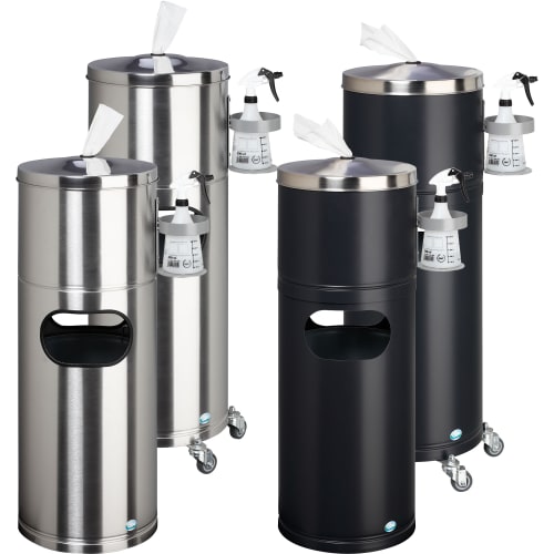 Desinfektionsstation aus Edelstahl und schwarz mit integriertem Spender und Abfallbehälter auf Rollen
