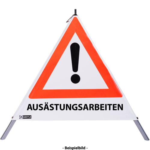 Faltsignal mit rotem Dreieck und Ausrufezeichen, Text AUSÄSTUNGSARBEITEN, Warnschild für Gefahrenstelle