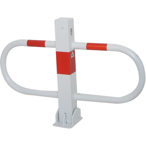 weiße und rote Parkplatzsperre FOX aus Metall mit Schloss