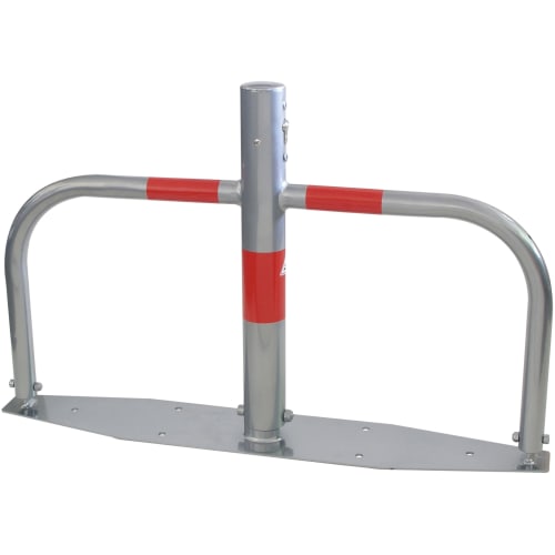 Parkplatzsperre RONDO aus Metall mit durchgehender Bodenplatte und roten Markierungen