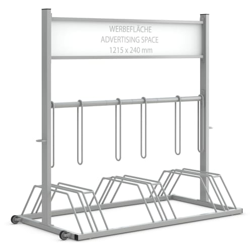 Werbe-Fahrradständer SECURITY STATION aus Metall mit Werbefläche 1215 x 240 mm und mehreren Fahrradparkplätzen