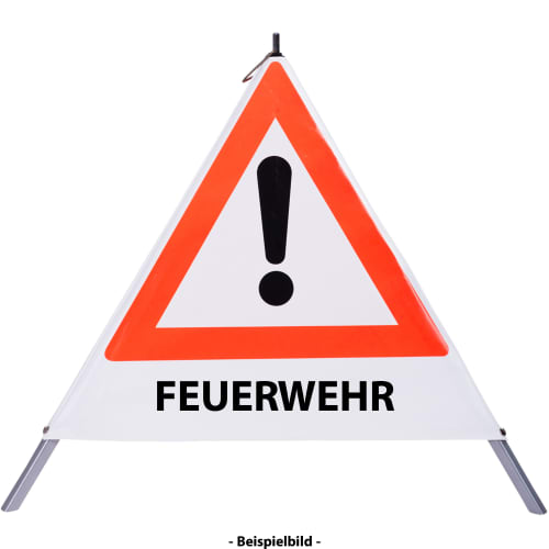 Faltsignal mit rotem Dreieck und Ausrufezeichen sowie dem Text FEUERWEHR zur Kennzeichnung einer Gefahrenstelle