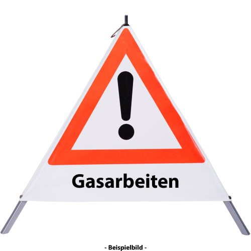 Faltsignal mit rotem Dreieck und Ausrufezeichen, Text Gasarbeiten, Warnschild für Gefahrenstelle