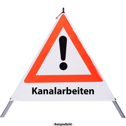 Faltsignal mit Warnsymbol und Schriftzug Kanalarbeiten zur Kennzeichnung von Gefahrenstellen bei Kanalbauarbeiten