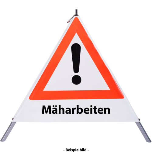 Faltsignal mit Warnsymbol und Schriftzug Mäharbeiten zur Kennzeichnung von Gefahrenstellen bei Mäharbeiten
