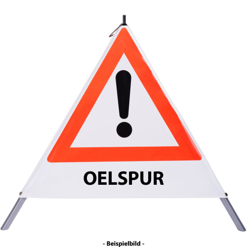 Faltsignal mit rotem Dreieck und Ausrufezeichen, darunter Text OELSPUR, Warnschild für Gefahrenstelle