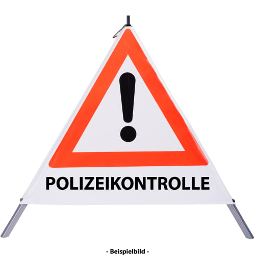 Faltsignal mit rotem Dreieck und Ausrufezeichen sowie Text POLIZEIKONTROLLE