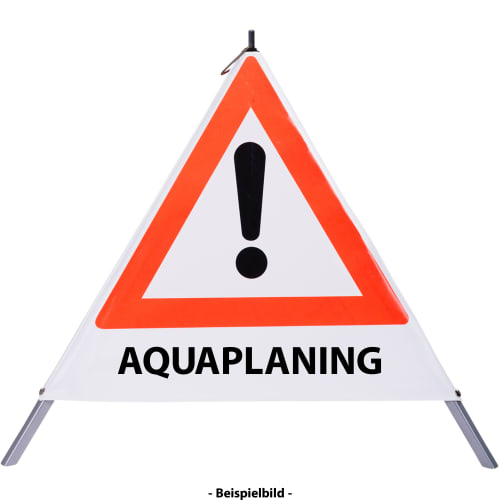 Faltsignal mit rotem Dreieck und Ausrufezeichen, Text AQUAPLANING, Warnschild für Gefahrenstelle