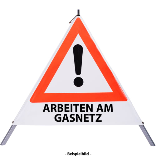 Faltsignal mit Warnsymbol und Text Arbeiten am Gasnetz, Warndreieck mit rotem Rand und Ausrufezeichen