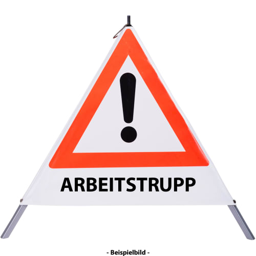 Faltsignal Baustelle mit rotem Dreieck und Ausrufezeichen sowie Text ARBEITSTRUPP