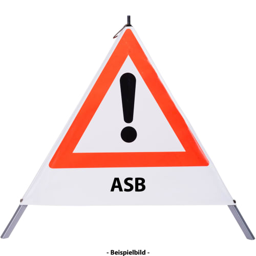 Faltsignal mit rotem Dreieck und Ausrufezeichen als Warnsymbol, Text ASB, Warnschild für Gefahrenstelle