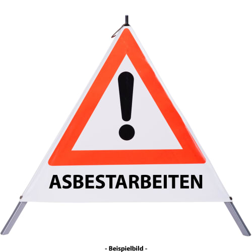 Faltsignal mit rotem Dreieck und Ausrufezeichen, Text ASBESTARBEITEN, Warnschild für Gefahrenstelle