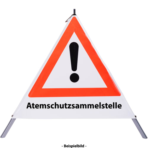 Faltsignal mit rotem Dreieck und Ausrufezeichen, Text Atemschutzsammelstelle
