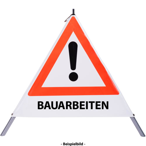 Faltsignal mit rotem Dreieck und Ausrufezeichen, Text BAUARBEITEN, Warnschild für Gefahrenstelle