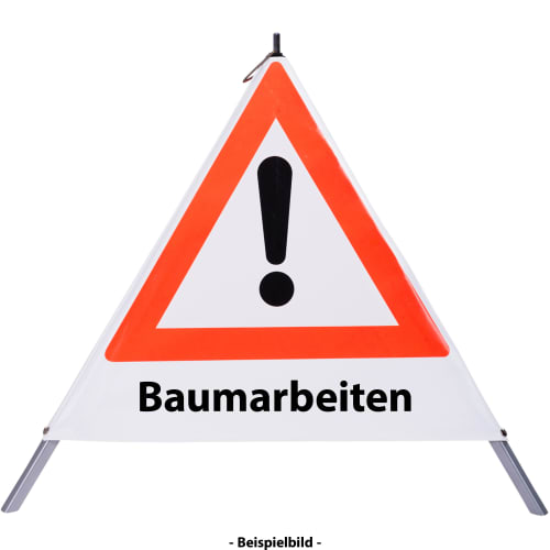 Faltsignal mit Warnsymbol und Schriftzug Baumarbeiten zur Kennzeichnung von Gefahrenstellen bei Baumarbeiten