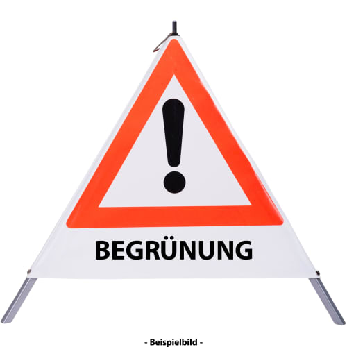 Faltsignal mit rotem Dreieck und Ausrufezeichen sowie Text BEGRÜNUNG als Warnhinweis