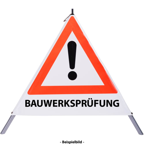 Faltsignal mit rotem Dreieck und Ausrufezeichen sowie Text BAUWERKSPRÜFUNG