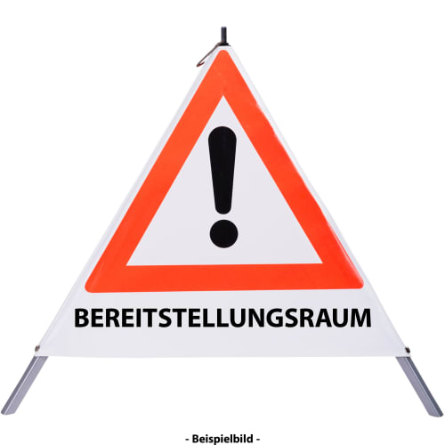 Faltsignal mit rotem Dreieck und Ausrufezeichen, Text BEREITSTELLUNGSRAUM